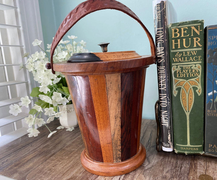1970s Wood Ice Bucket with Tooled Leather Handle at Duckwells