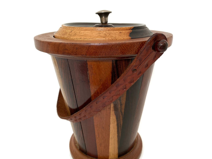 1970s Wood Ice Bucket with Tooled Leather Handle at Duckwells