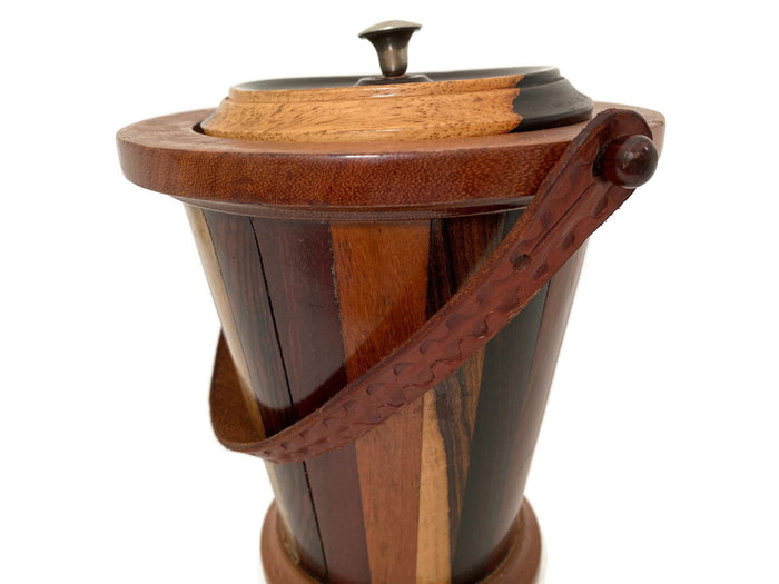 1970s Wood Ice Bucket with Tooled Leather Handle at Duckwells