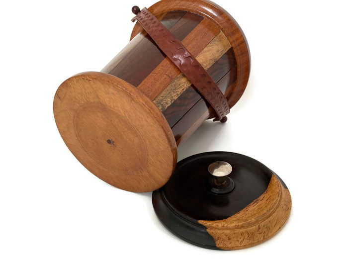 1970s Wood Ice Bucket with Tooled Leather Handle at Duckwells