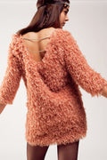 All over faux feather three quarter sleeve mini dress in pink - dress