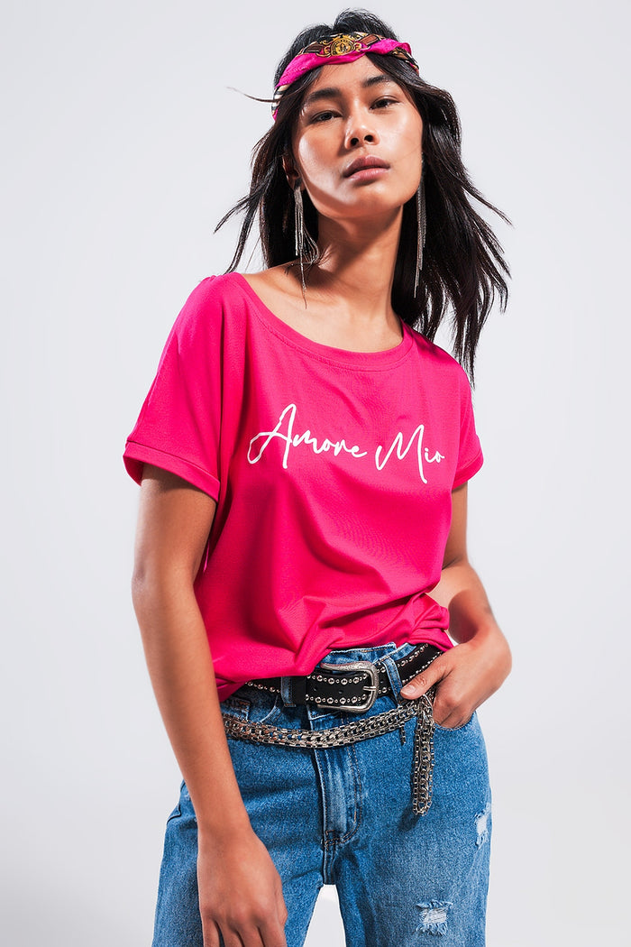 Amore mio slogan tee in fuchsia - top