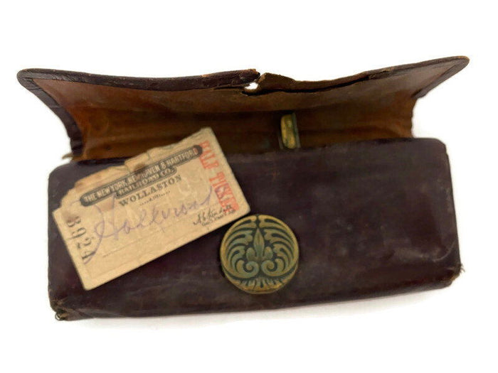 Antique Leather Wallet with 1911 Train Ticket Stub at Duckwells
