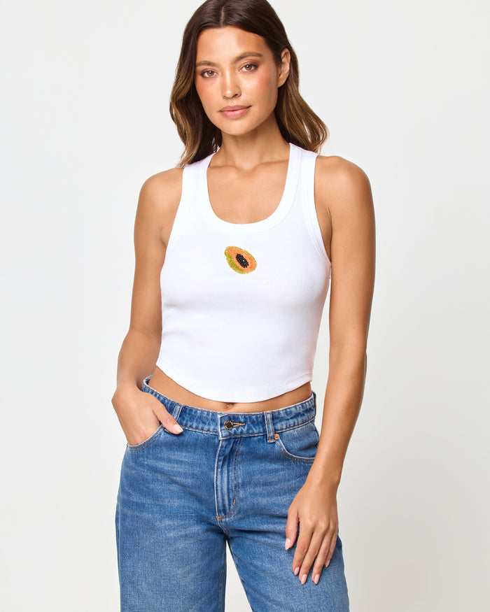 Close-up front view of model wearing the LSPACE Ash Tank in papaya.