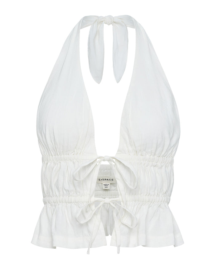 Off-model view of the LSPACE August Top in cream, displayed against a white background to show the halter neck tie, plunging V-neckline, gathered body with double tie details, and peplum hem.