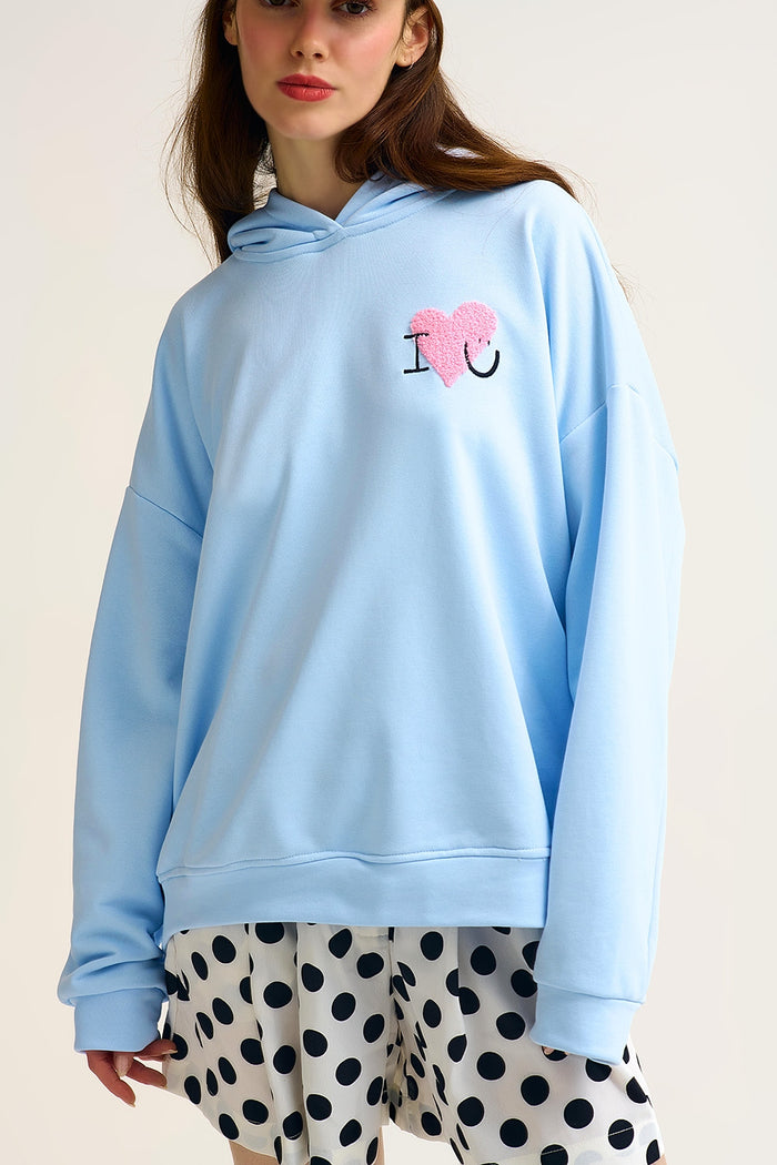 Baby Blue Super-Soft Hoodie with Bouclé Heart Graphic