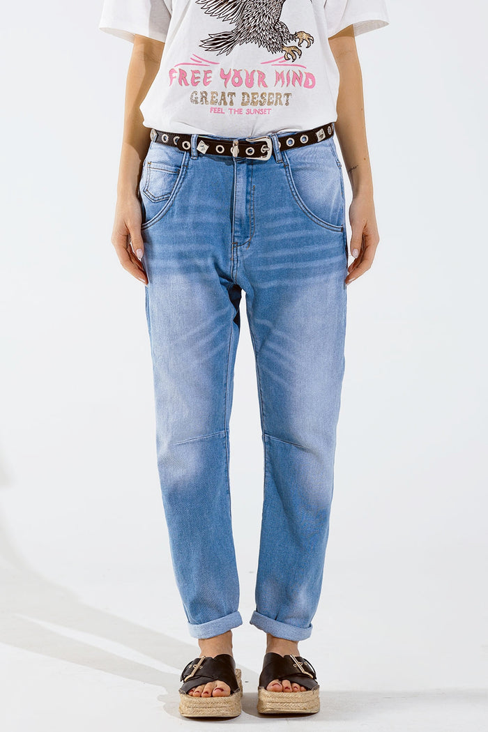 Basic Boyfriend Jeans With Stitch Detail - Denim