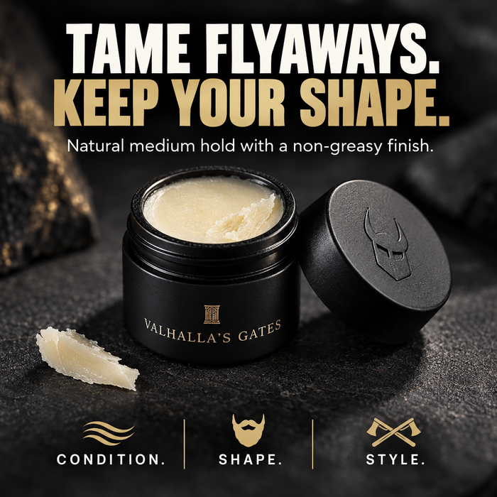 Open jar of Valhalla's Gates beard balm sample with a swipe of balm on dark rock, headline Tame Flyaways Keep Your Shape, natural medium hold, non-greasy finish