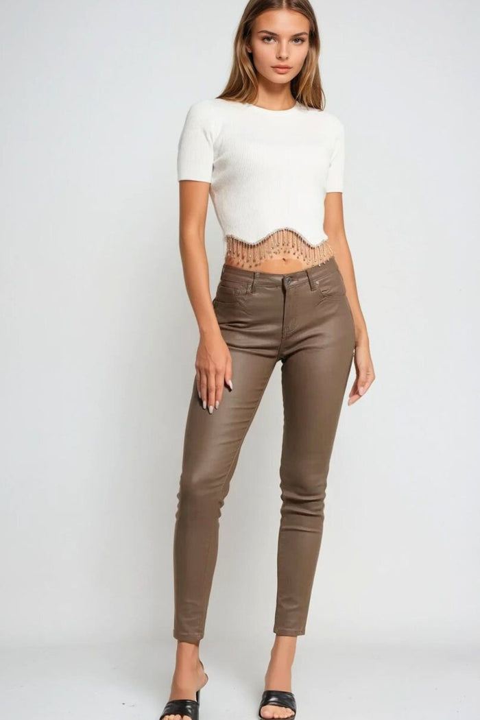 Beige Faux Leather Super Skinny Pants - trousers