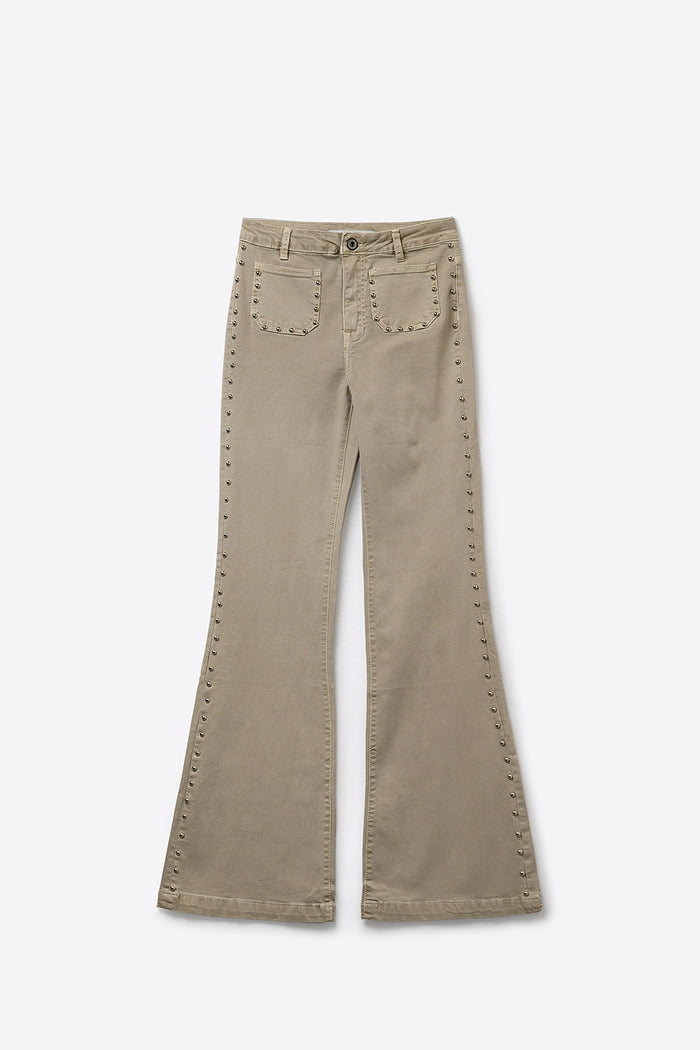 Beige Flared Pants with Studded Side Detail - trousers