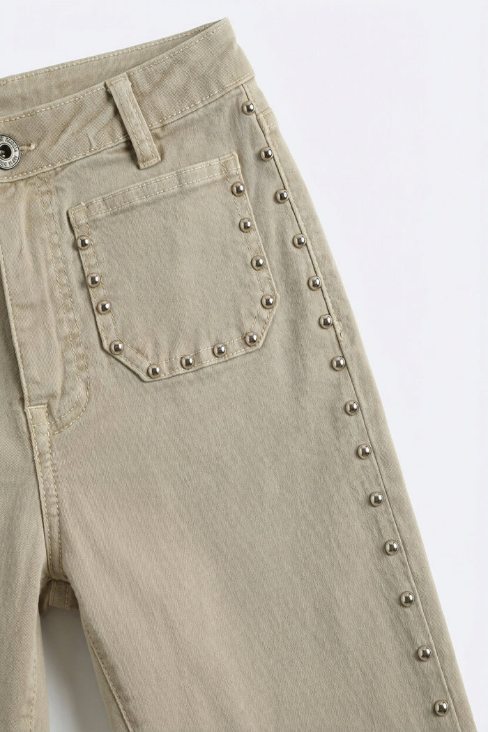 Beige Flared Pants with Studded Side Detail - trousers