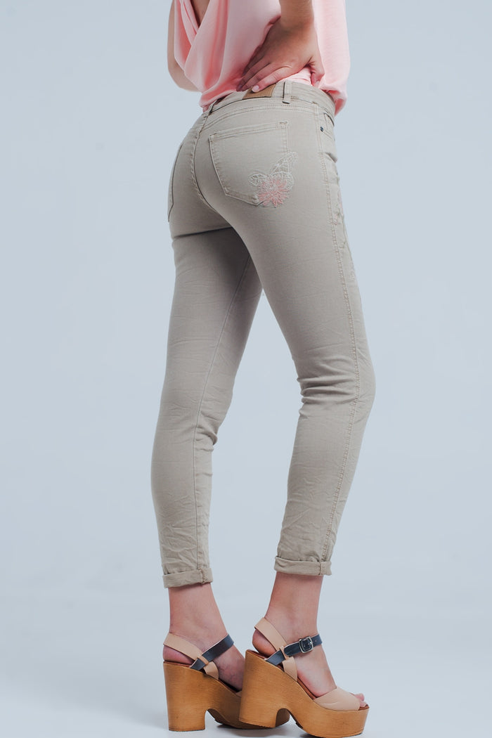 Beige jeans with Floral Embroidery - Coloured Jeans