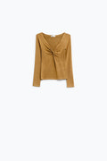 Beige Long Sleeve Shirt With Knot Detail and V-neck