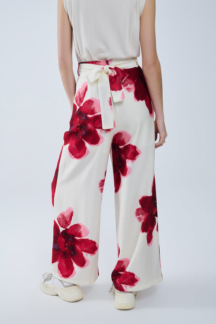 Beige Palazzo Pants With Red Tropial Flower Print and Matching Belt - trousers