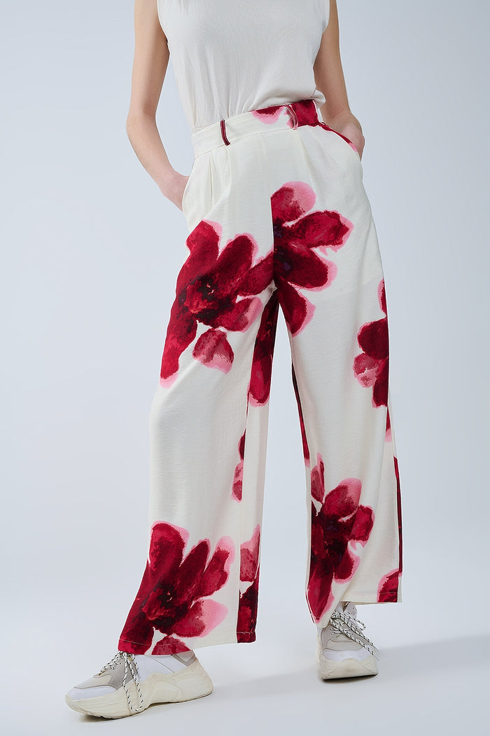 Beige Palazzo Pants With Red Tropial Flower Print and Matching Belt - trousers