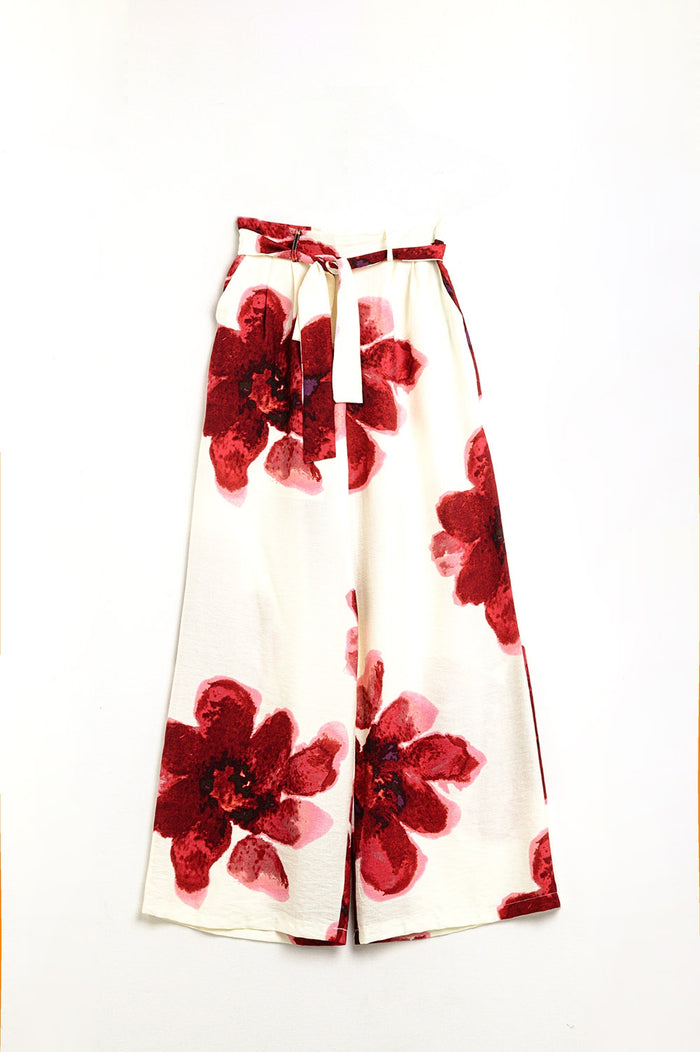 Beige Palazzo Pants With Red Tropial Flower Print and Matching Belt - trousers