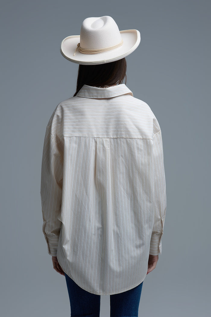 Beige Relaxed Striped Shirt With Heart Seam Detail - Shirts