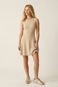 Beige Ribbed Knit Sleeveless Fit and Flare Dress - dress