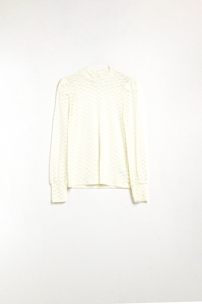 Beige Sheer Lace Turtleneck Top with Puff Shoulders