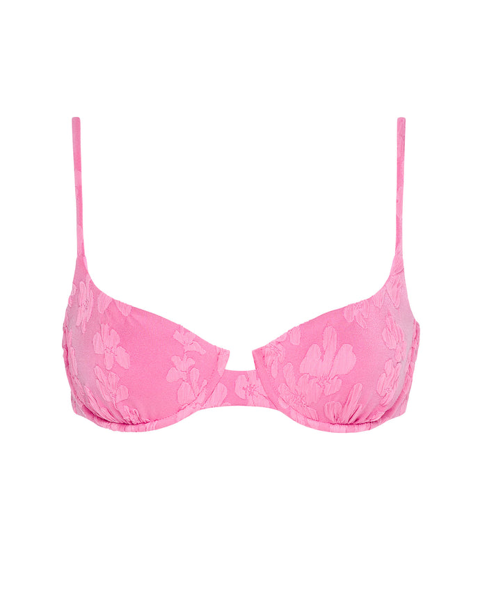 Off-model front view of the LSPACE hottest pink Belle Bikini Top.
