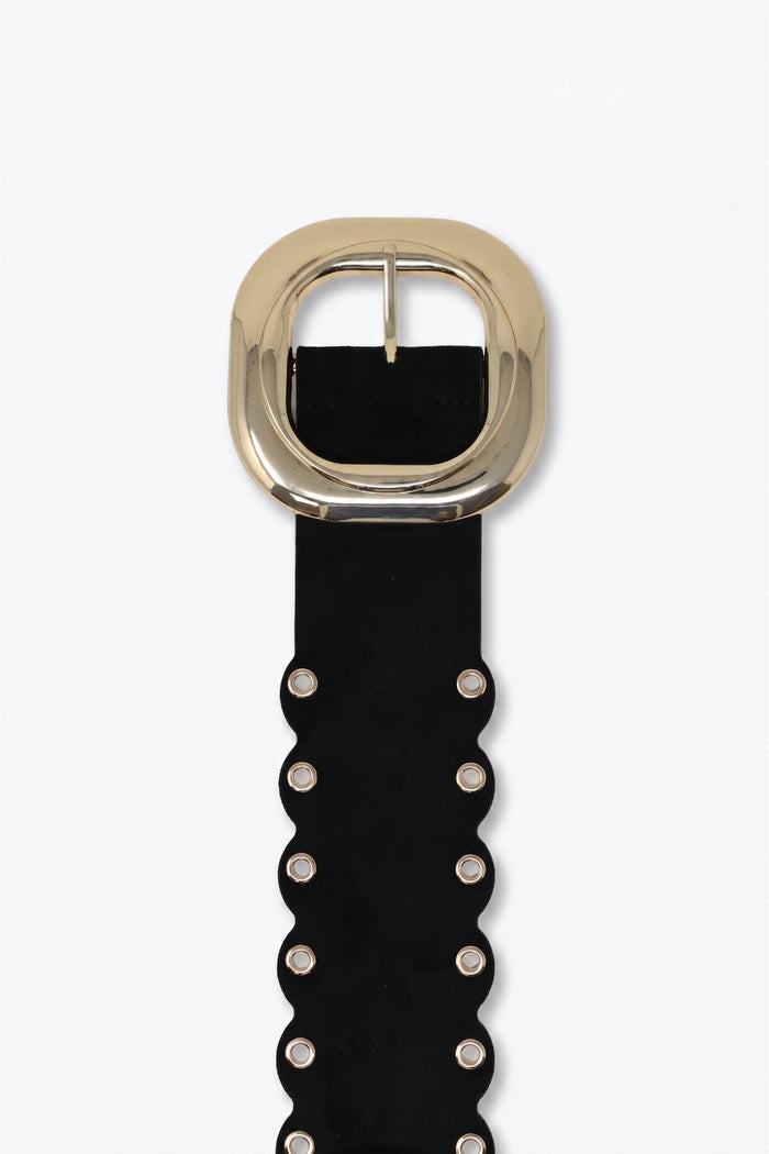 Black Faux Leather Gold Buckle Eyelet Scallop Edge Belt