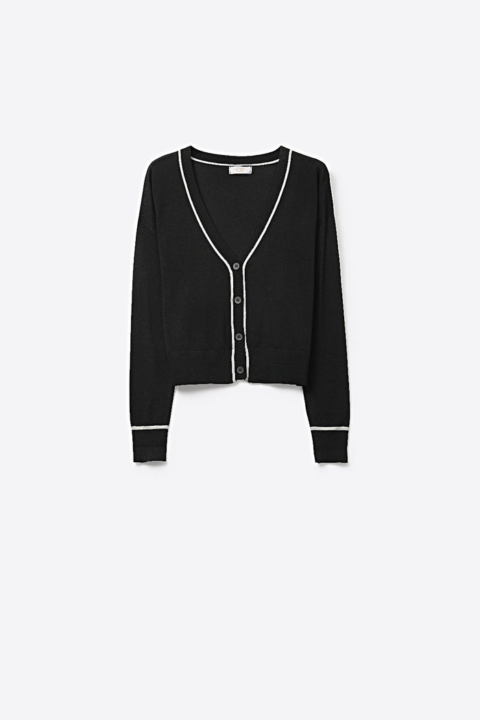 Black Fine Knit Cardigan with Contrast Trim in white