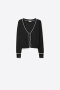 Black Fine Knit Cardigan with Contrast Trim in white
