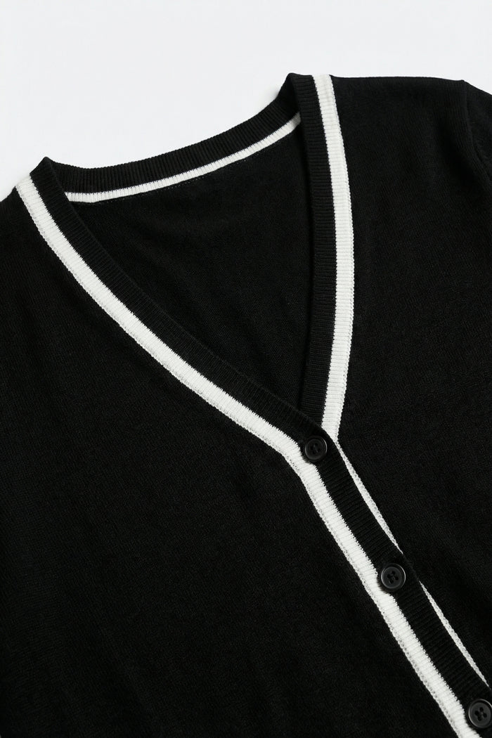 Black Fine Knit Cardigan with Contrast Trim in white