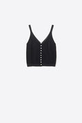 black Knit Buttoned Crop Top