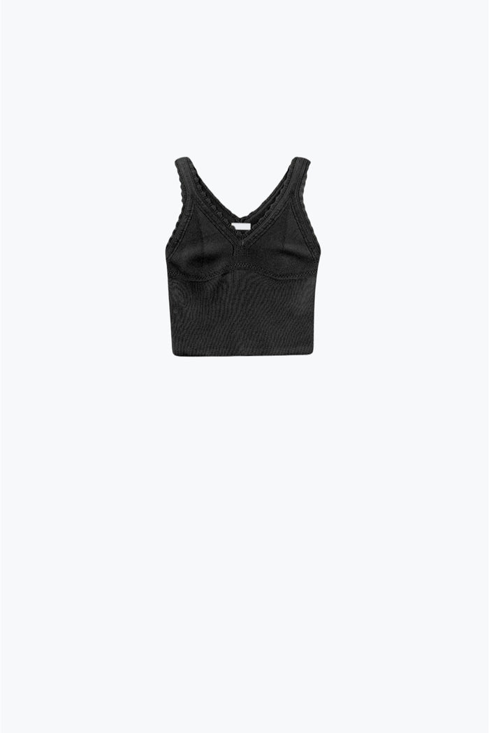 Black Knit V-Neck Top with Scalloped Edges