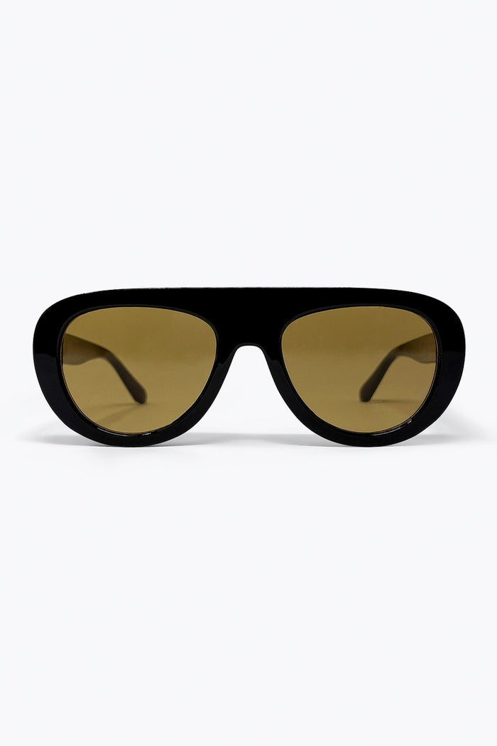 Black Oversize Wide Frame Brown Lens Sunglasses