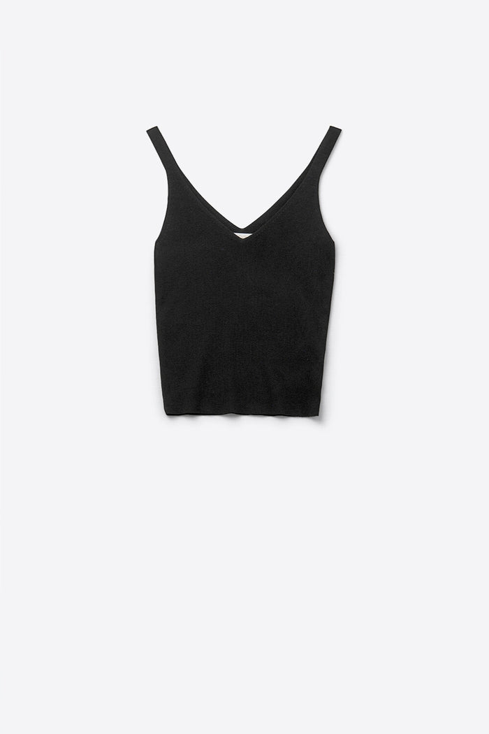 Black Ribbed Knit Top with V-neck and Spaghetti Straps