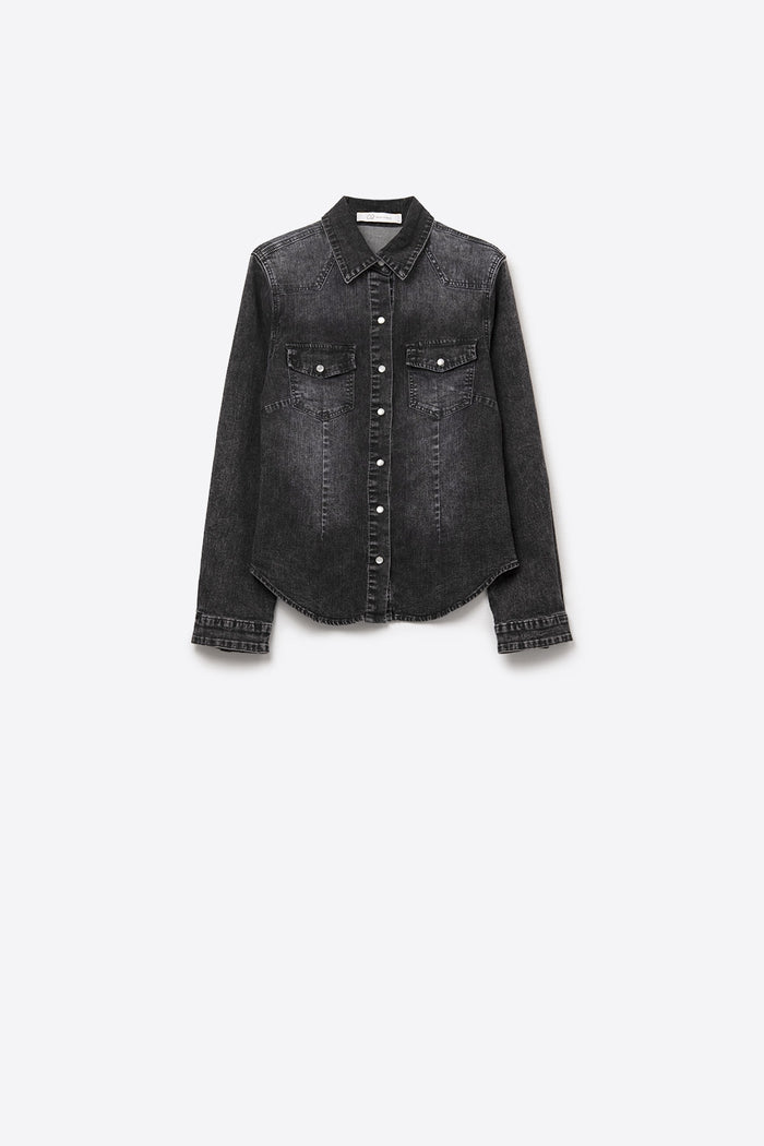 Black Washed Denim Button-Up Shirt Jacket - Shirts