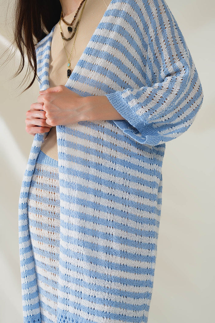 Blue Boho Style Cardigan With Stripes Pointelle Knit and Fringe Details