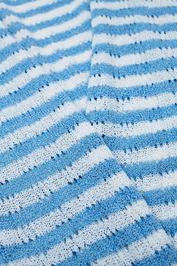 Blue Boho Style Cardigan With Stripes Pointelle Knit and Fringe Details