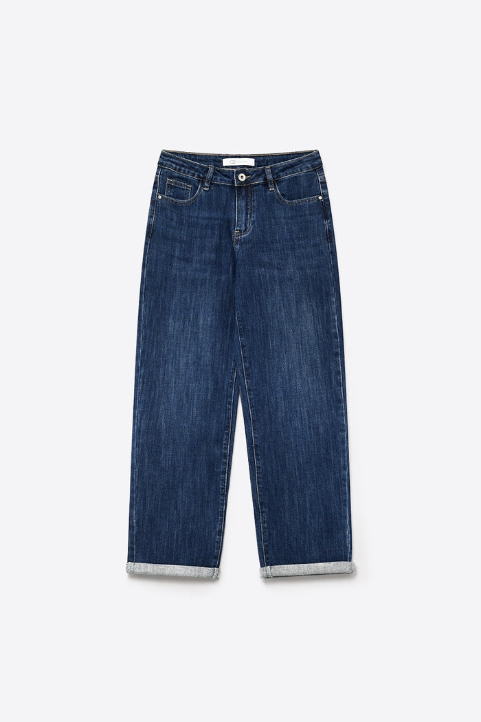 Blue Dark Wash mom jeans with Wide Leg and ankle length - Denim