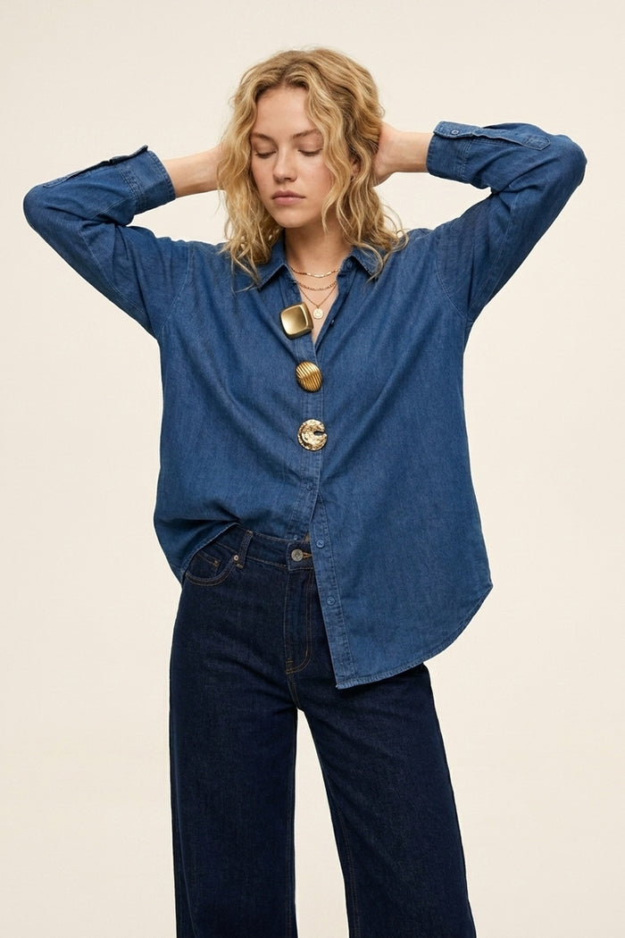Blue Denim Oversize Shirt with Statement gold Buttons - Shirts