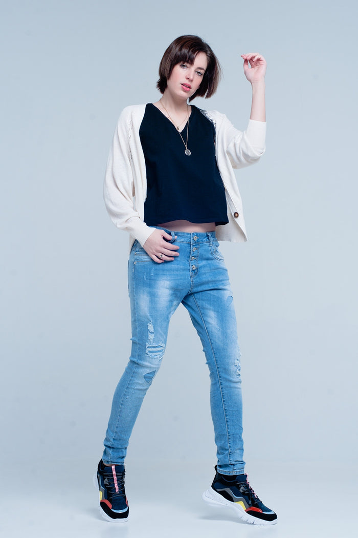 Blue Slashed Boyfriend Jeans - Denim