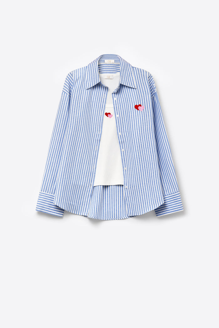 Blue Stripe Cotton Embroidered Heart Set t-shirt and shirt 2 pieces - Shirts