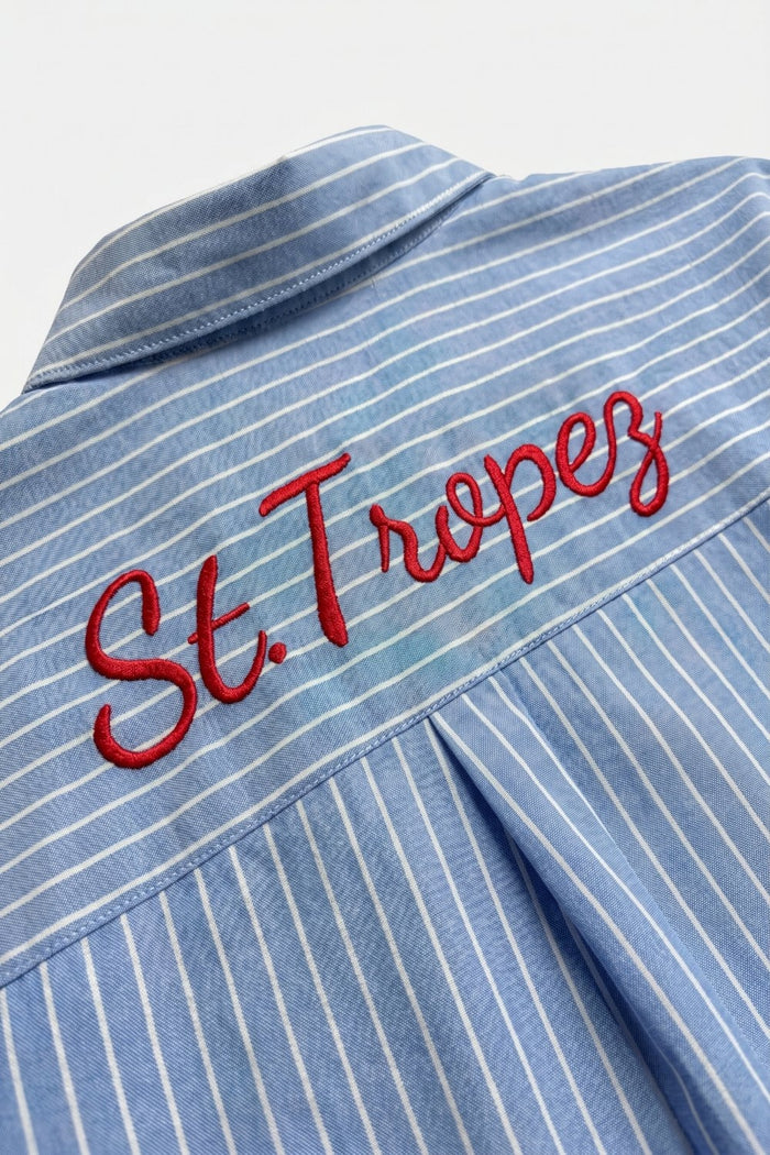 Blue Striped Classic Button-Down Shirt with Embroidery - Shirts