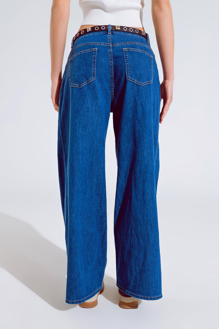Boyfriend Wide leg five pocket jeans in dark wash - Denim