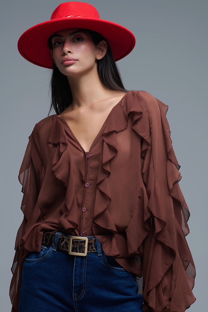 Brown chiffon V-Neck All Over Ruffle Blouse - Shirts