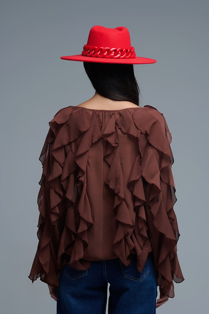 Brown chiffon V-Neck All Over Ruffle Blouse - Shirts
