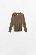 Brown Collared Rib Top With Long Sleeves
