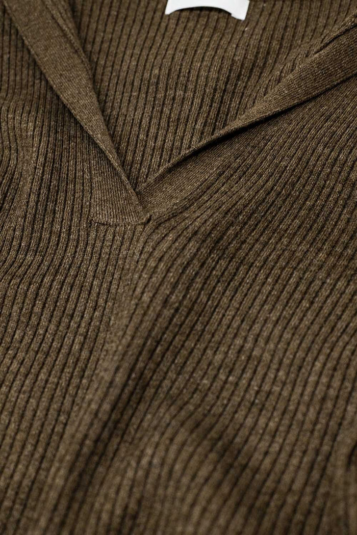 Brown Collared Rib Top With Long Sleeves