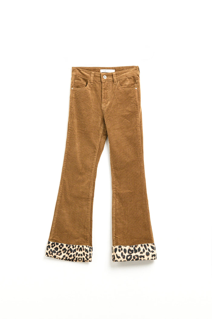 Brown corduroy flare pants with leopard print at the bottom - trousers