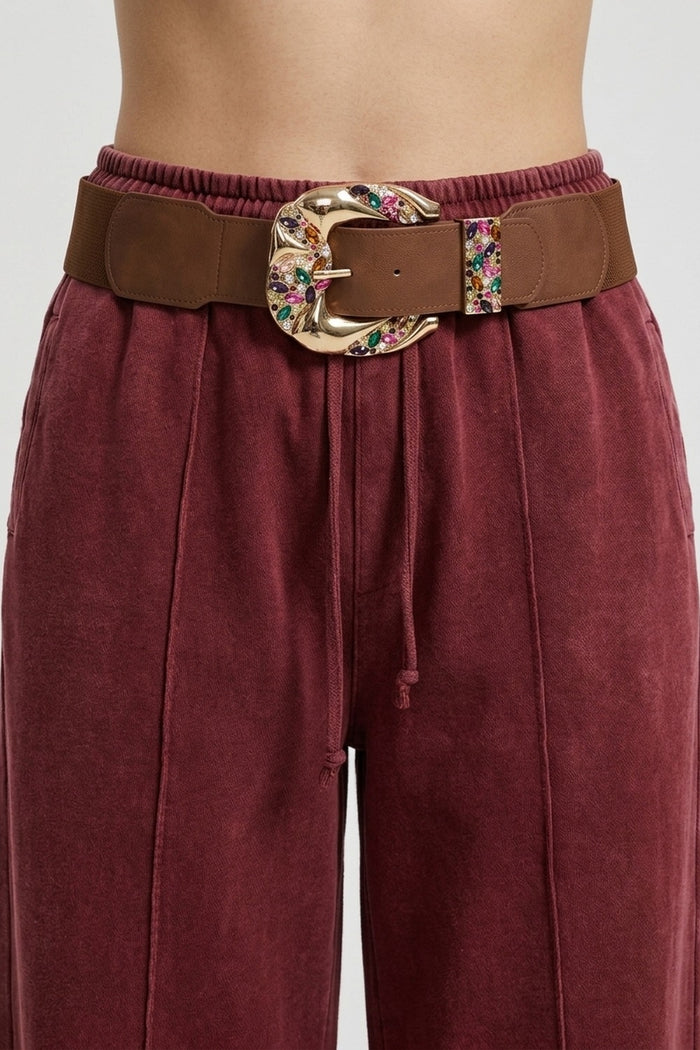 Brown Faux Leather Gold Multicolor Embellished Buckle Wide Belt