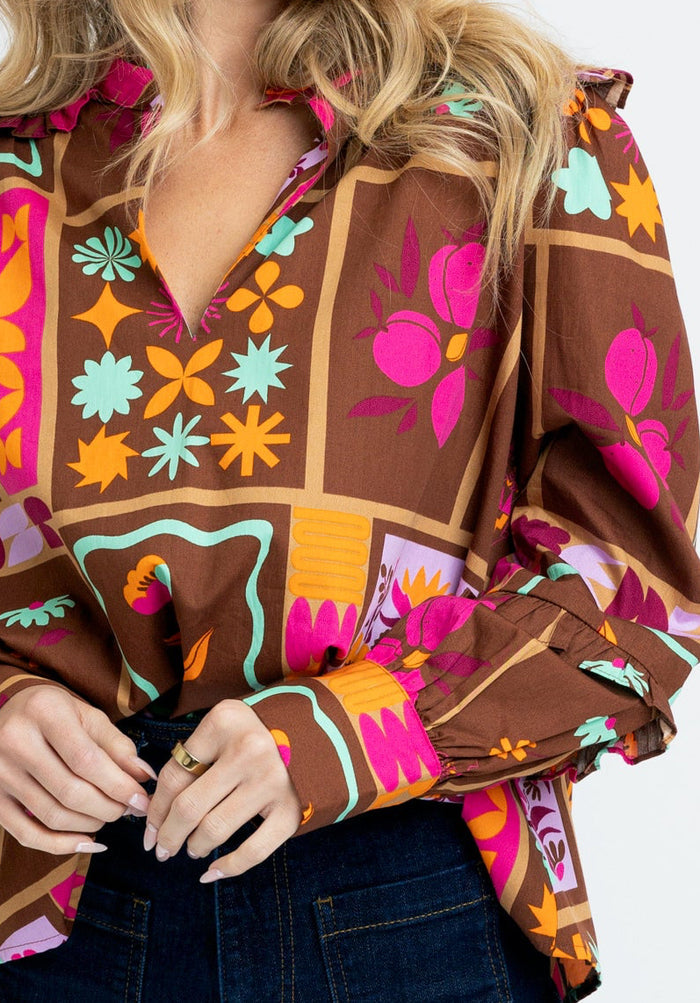 Brown Floral Frame V-Neck Ruffle Top