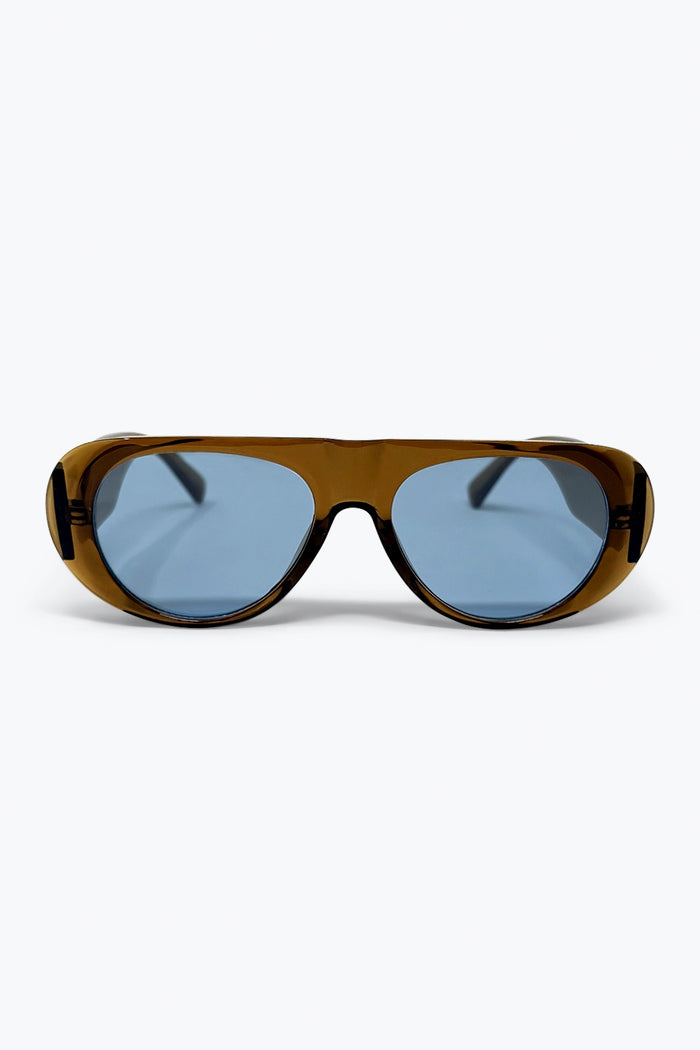Brown Frame Blue Lens Oversize Sunglasses