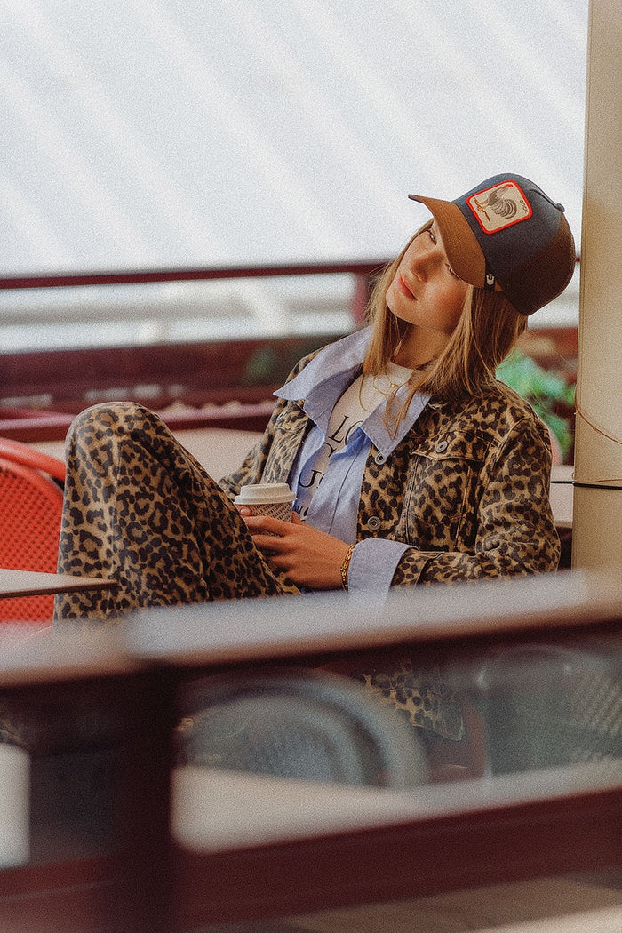 Brown Jacket with leopard Print in denim fabric